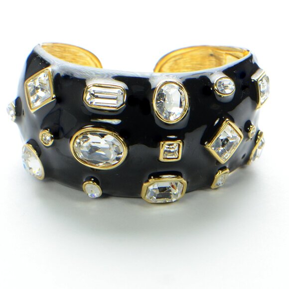 Kenneth Jay Lane KJL Black Enamel Crystal Cuff Bracelet - Picture 1 of 6